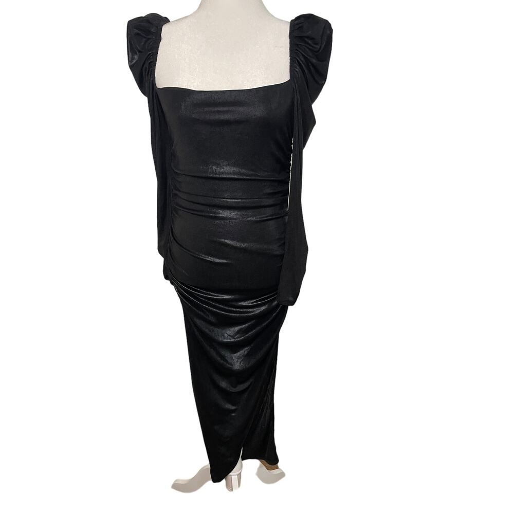 NWT Astr shimmery black Vanozza maxi cocktail dress with thigh high side slit